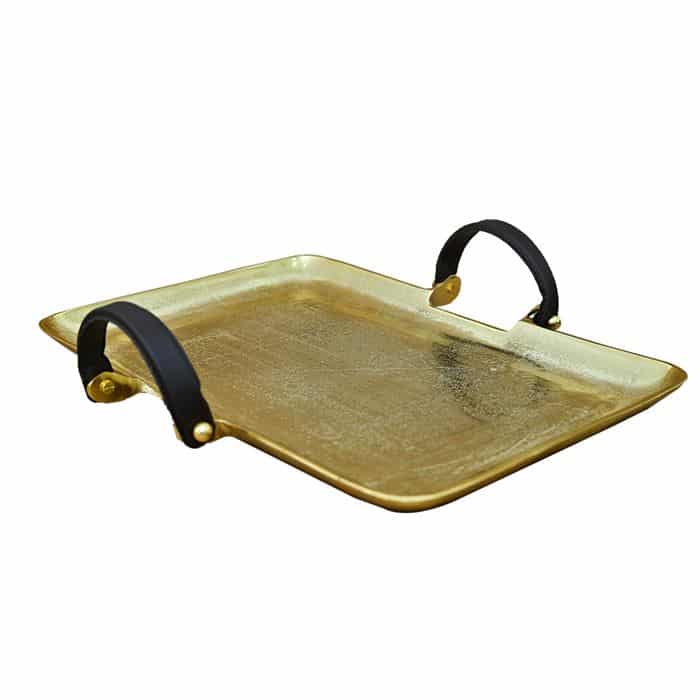 Gold Tray with leather hand 35*50